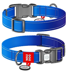 Collar WauDog Nylon Mono Obroża nylonowa odblaskowa z QR-paszportem, plastikowy fastex, L 25mm/33-49cm niebieska