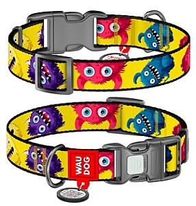 Collar WauDog Nylon Obroża nylonowa z QR-paszportem, plastikowy fastex, wzór FUTRZANE POTWORY, S 15mm/25-35cm