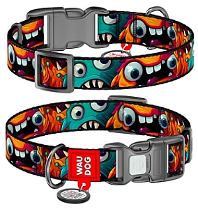 Collar WauDog Nylon Obroża nylonowa z QR-paszportem, plastikowy fastex, wzór ZĘBATE POTWORY, M 20mm/28-40cm
