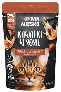 Pan Mięsko Karma mokra dla kota - cielęcina i jeleń kawałki w sosie saszetka 85g